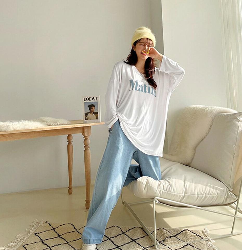≪新作早割15%OFF≫NANING9(ナンニング)MatiniシルキーゆるT【2/8up_go】韓国 韓国ファッション レディース 大人 カワイイ トップス ロゴT 部屋着 長袖 Tシャツ グレー 白 ブルー 黒【5】