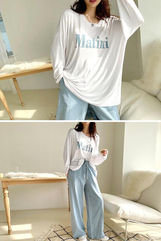 ≪新作早割15%OFF≫NANING9(ナンニング)MatiniシルキーゆるT【2/8up_go】韓国 韓国ファッション レディース 大人 カワイイ トップス ロゴT 部屋着 長袖 Tシャツ グレー 白 ブルー 黒【5】