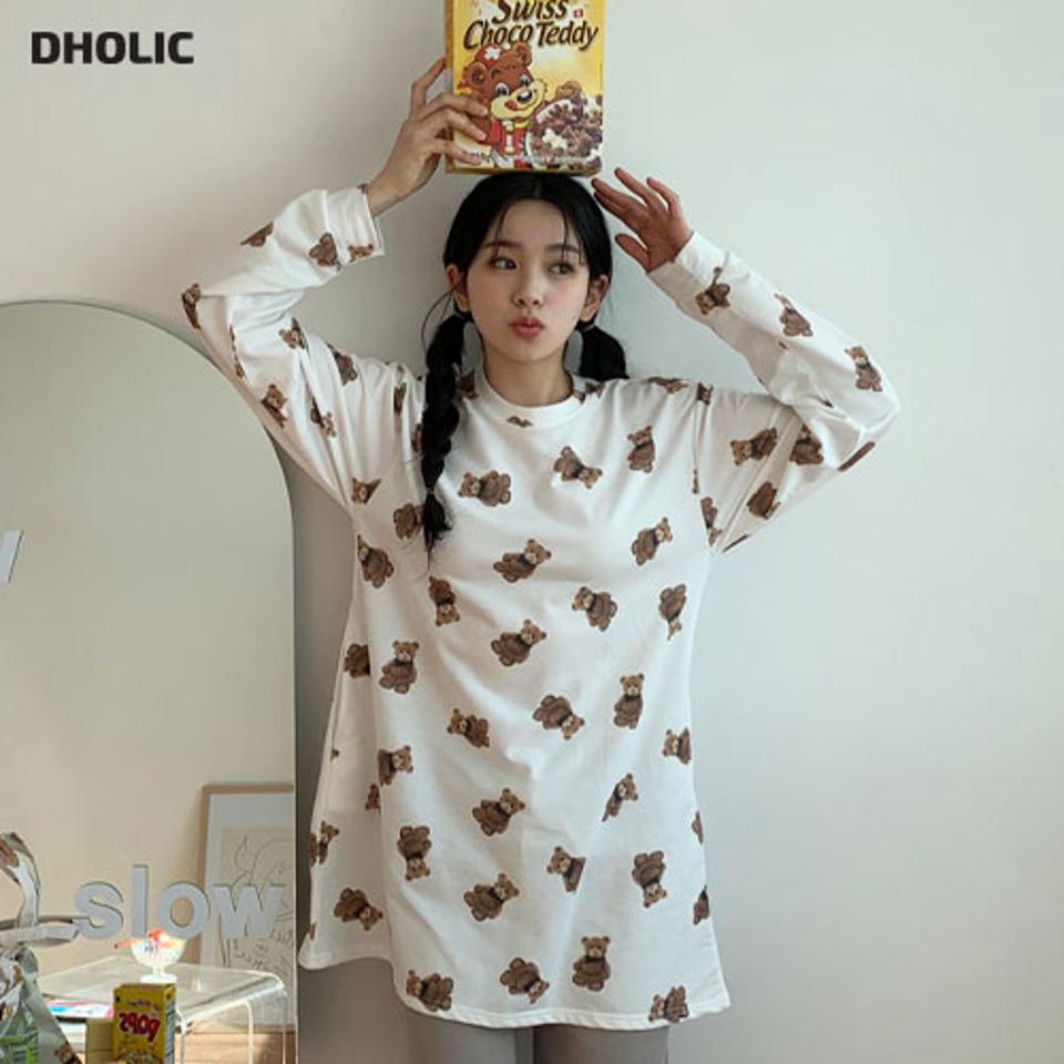 ベアプリントミニワンピース・全2色・t63118 レディース 【ops】【韓国 ファッション ワンピース ミニ ミニワンピース ラウンドネック ストレート ベア クマ くまさん ショート ルームウェア パジャマ ルーズ ゆったり 体型カバー 秋 冬】