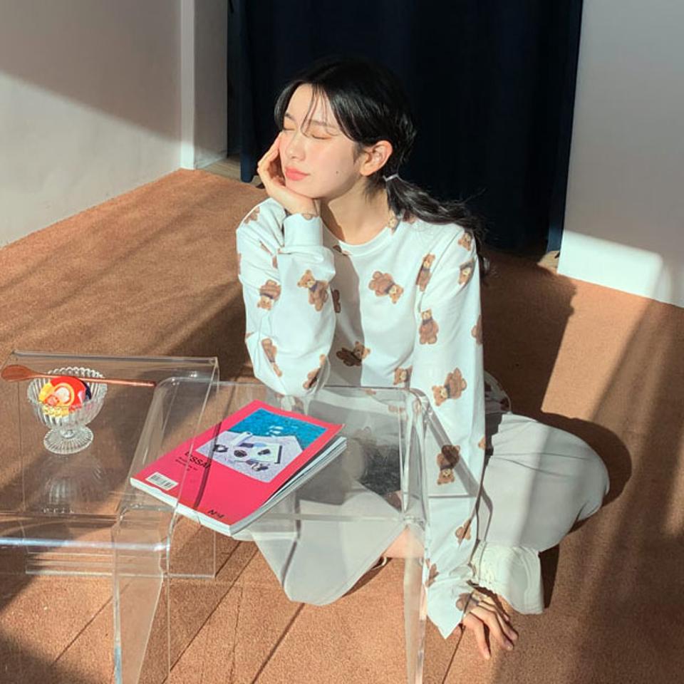 ベアプリントミニワンピース・全2色・t63118 レディース 【ops】【韓国 ファッション ワンピース ミニ ミニワンピース ラウンドネック ストレート ベア クマ くまさん ショート ルームウェア パジャマ ルーズ ゆったり 体型カバー 秋 冬】