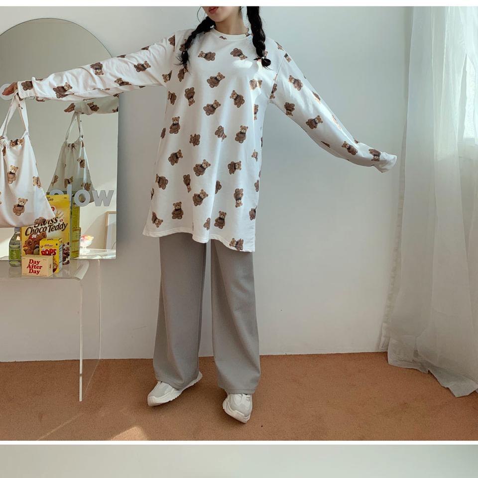 ベアプリントミニワンピース・全2色・t63118 レディース 【ops】【韓国 ファッション ワンピース ミニ ミニワンピース ラウンドネック ストレート ベア クマ くまさん ショート ルームウェア パジャマ ルーズ ゆったり 体型カバー 秋 冬】