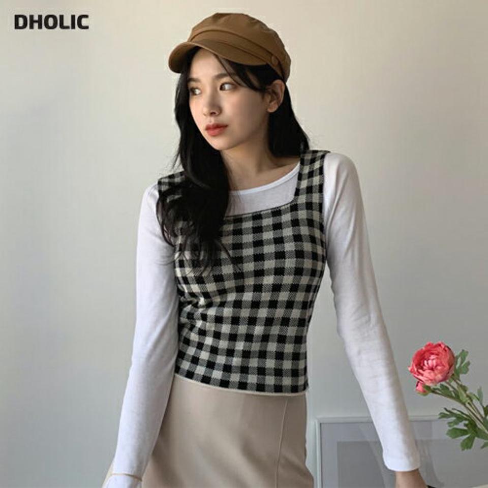 チェックスリーブレス・全4色・t63123 レディース 【tops】【韓国 ファッション トップス Tシャツ 長袖 スリム 細身 スリーブレス ショート チェック パターン ニットスリーブレス ニット スリム フィット レイヤードや風 秋 冬】