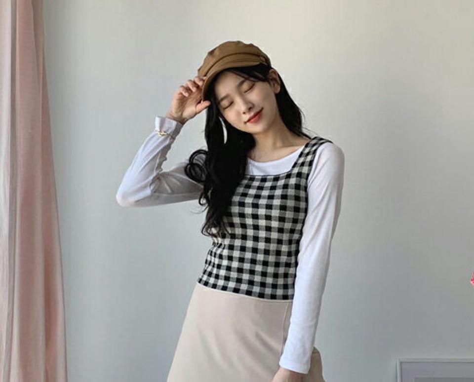 チェックスリーブレス・全4色・t63123 レディース 【tops】【韓国 ファッション トップス Tシャツ 長袖 スリム 細身 スリーブレス ショート チェック パターン ニットスリーブレス ニット スリム フィット レイヤードや風 秋 冬】