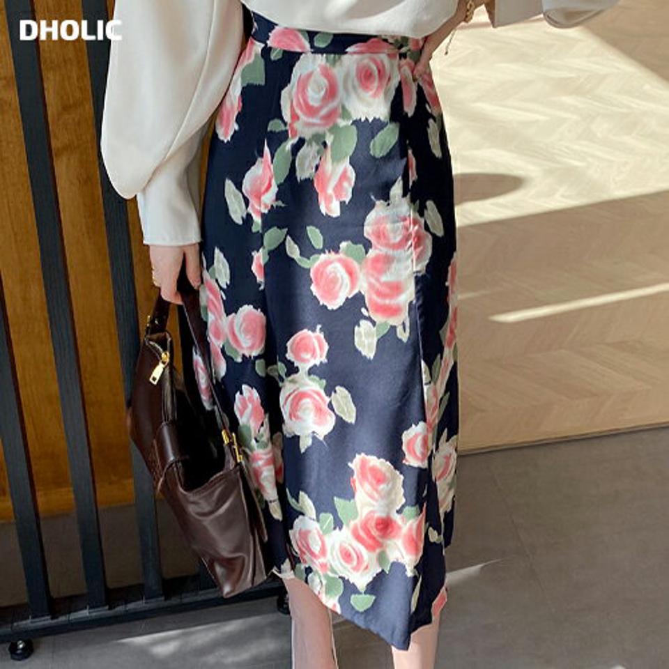 花柄タックフレアスカート・全2色・t66823 レディース 【sk】【スカート ロング ロングスカート 花柄 フラワー フレアスカート フレア フェミニン タック 大人 華やか 秋 冬 韓国 ファッション】【ハイホリHIHOLLI】