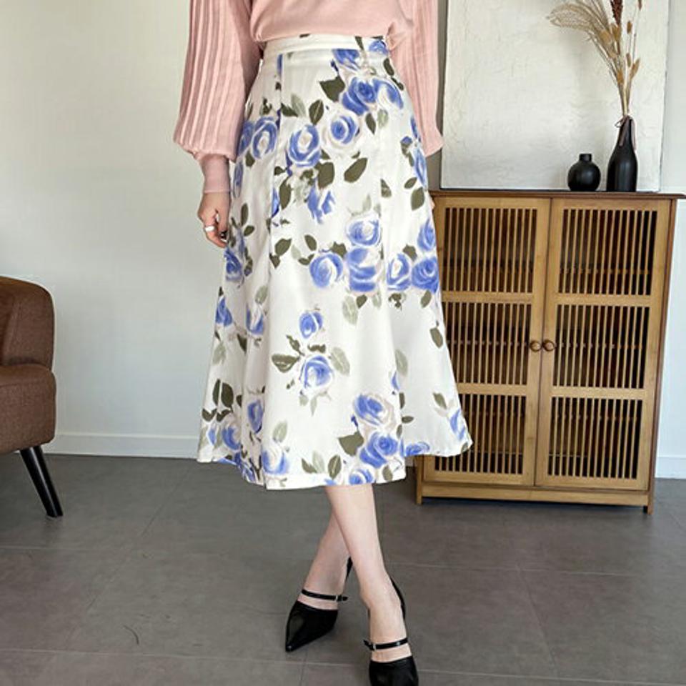 花柄タックフレアスカート・全2色・t66823 レディース 【sk】【スカート ロング ロングスカート 花柄 フラワー フレアスカート フレア フェミニン タック 大人 華やか 秋 冬 韓国 ファッション】【ハイホリHIHOLLI】