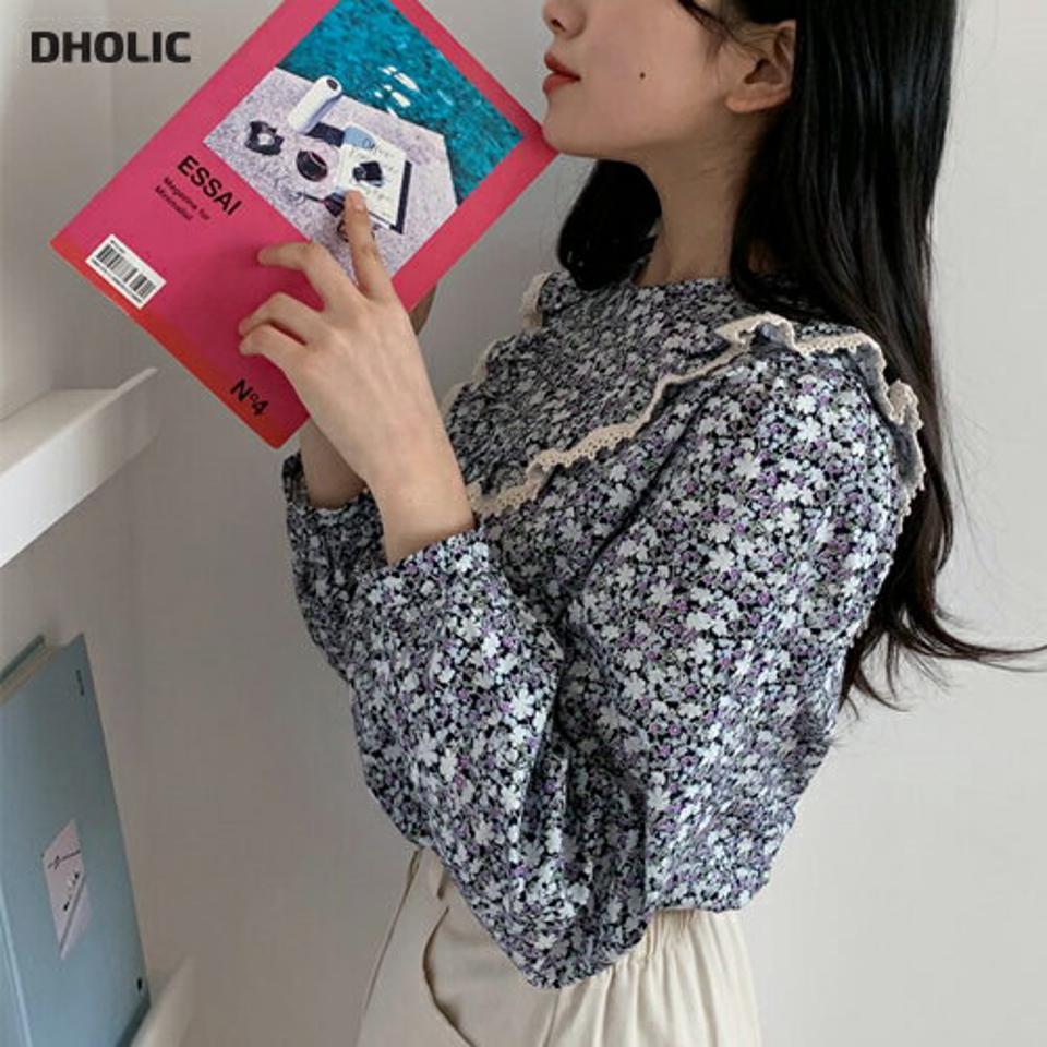 レースフリル花柄ブラウス・全2色・b63106 レディース 【bl】【韓国 ファッション トップス ブラウス 長袖 上品 V字 フリル 花柄 フラワー レース フローラル ラウンドネック フェミニン 春 カジュアル デイリー ベーシック 秋 冬】