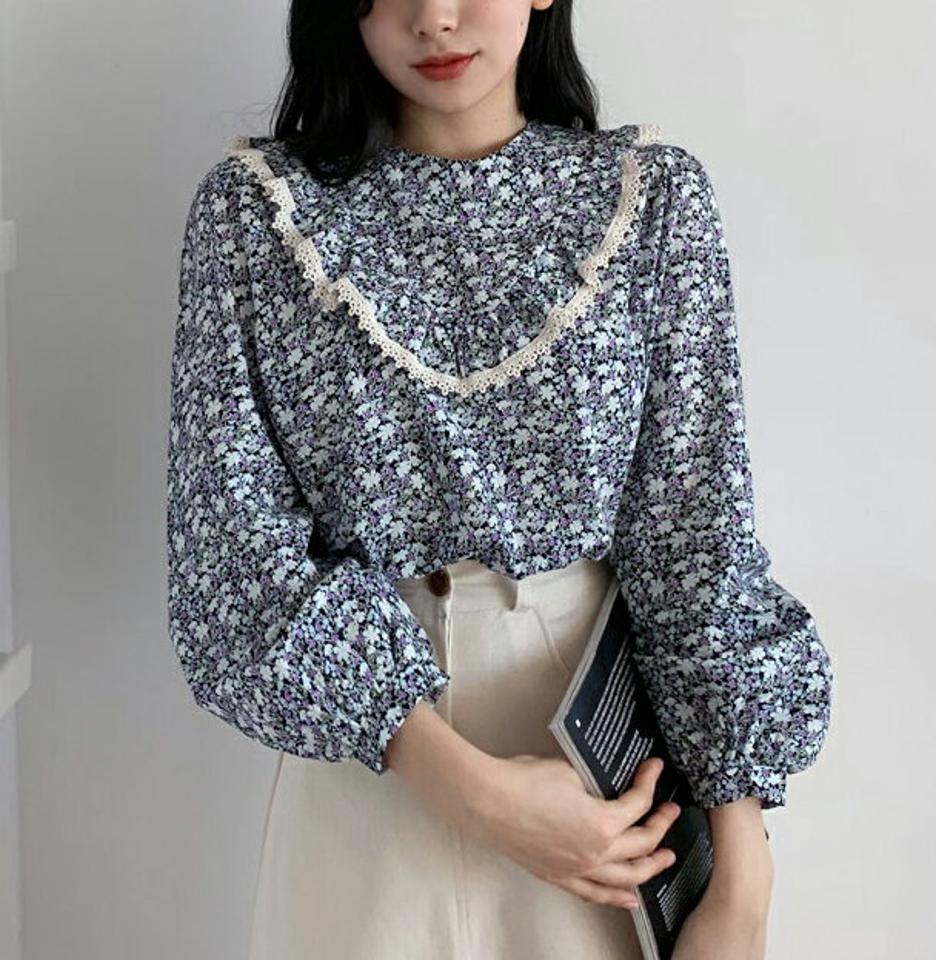 レースフリル花柄ブラウス・全2色・b63106 レディース 【bl】【韓国 ファッション トップス ブラウス 長袖 上品 V字 フリル 花柄 フラワー レース フローラル ラウンドネック フェミニン 春 カジュアル デイリー ベーシック 秋 冬】