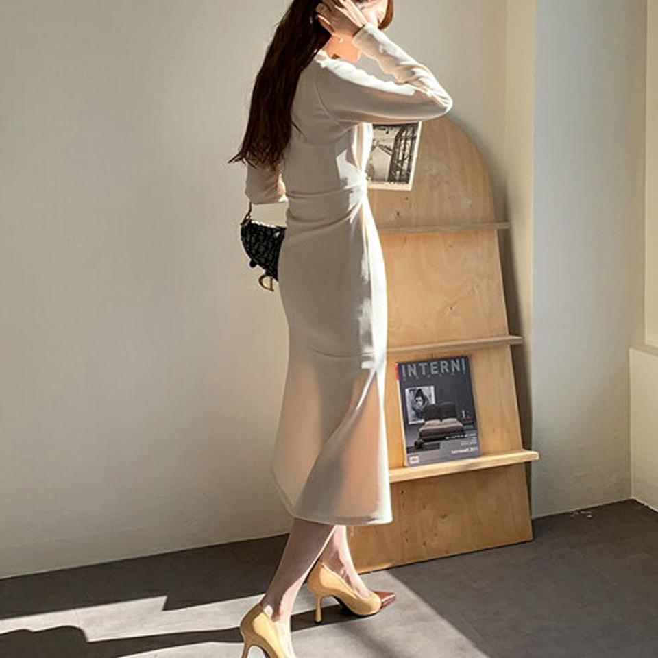 カシュクールリボンワンピース・全2色・t66764 レディース 【ops】【ワンピース ミディ丈 ミディワンピース 長袖 カシュクール リボン りぼん 単色 無地 シンプル 大人 上品 大人 秋 冬 韓国 ファッション】【ハイホリHIHOLLI】