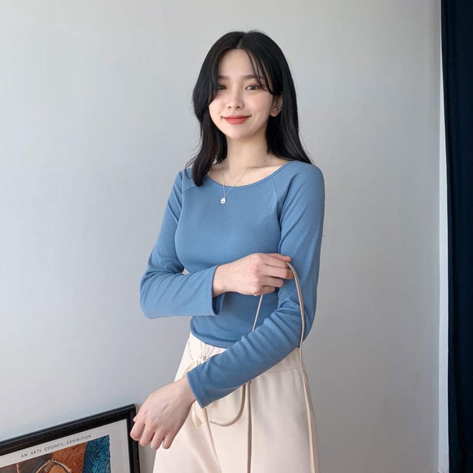 ラグランスリムTシャツ・全5色・b63088 レディース 【tops】【韓国 ファッション トップス Tシャツ 長袖 スリム ラウンドネック デコルテ フィット ラグランスリーブ パターン 上品 体型カーバー デイリー ベーシック 秋 冬】【BT】