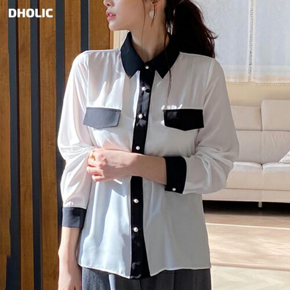 配色パールボタンカラーブラウス・全2色・t66763 レディース 【bl】【トップス ブラウス パールボタン 配色 モダン シック 大人 きれいめ 秋 冬 韓国 ファッション】【ハイホリHIHOLLI】