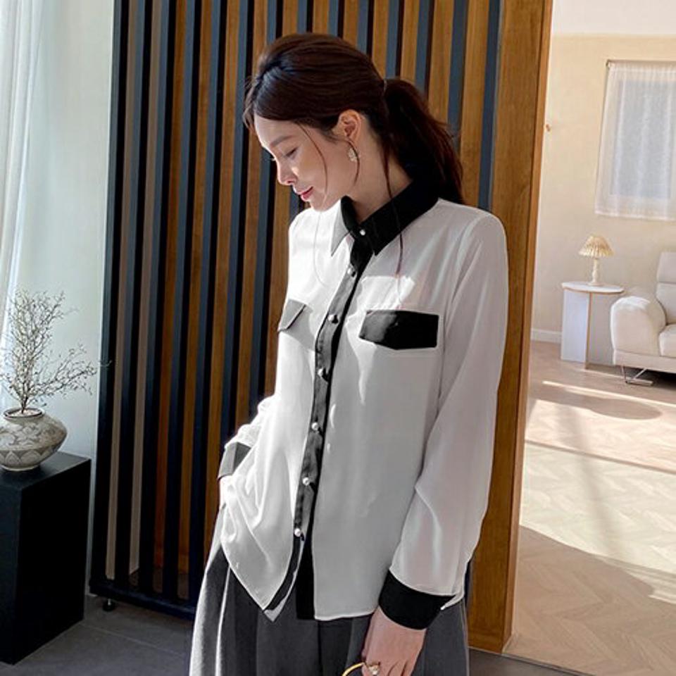 配色パールボタンカラーブラウス・全2色・t66763 レディース 【bl】【トップス ブラウス パールボタン 配色 モダン シック 大人 きれいめ 秋 冬 韓国 ファッション】【ハイホリHIHOLLI】