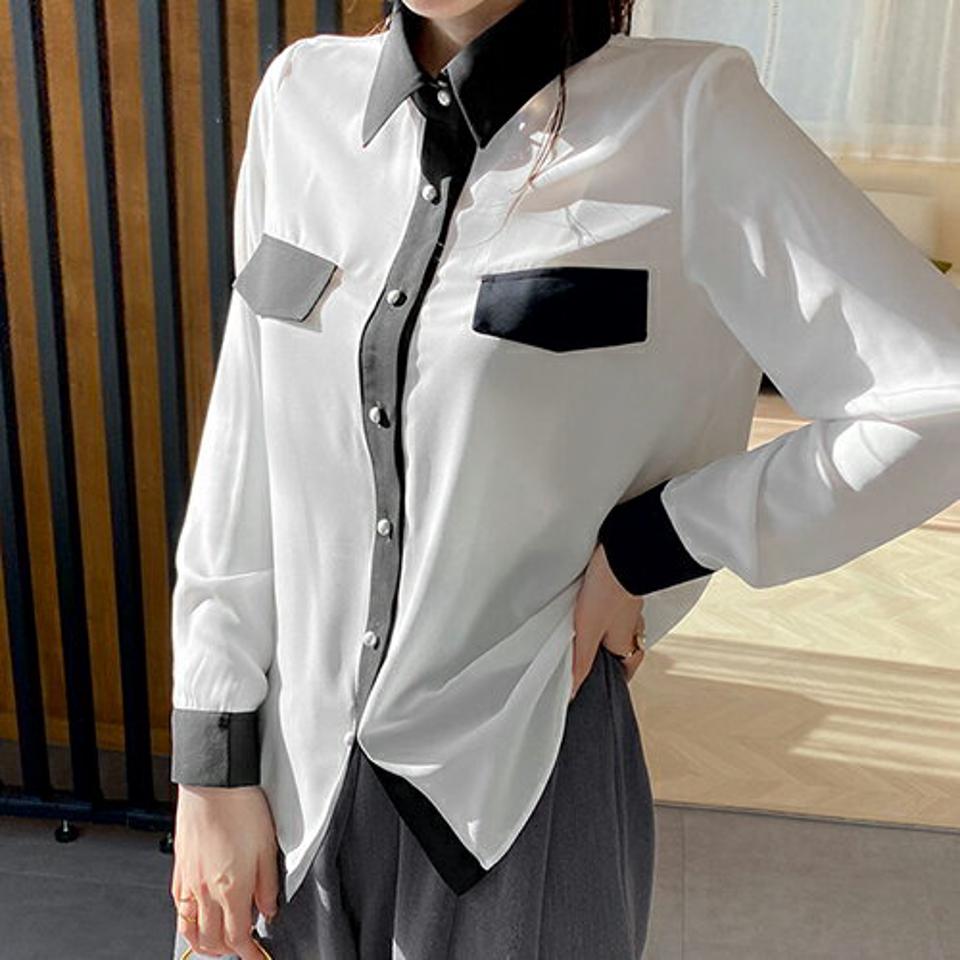 配色パールボタンカラーブラウス・全2色・t66763 レディース 【bl】【トップス ブラウス パールボタン 配色 モダン シック 大人 きれいめ 秋 冬 韓国 ファッション】【ハイホリHIHOLLI】