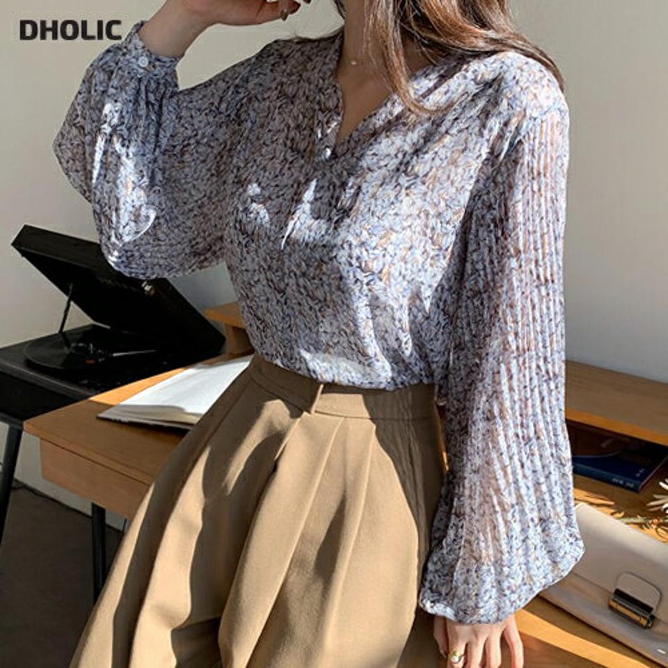 Vネックシフォンパターンブラウス・全2色・t66765 レディース 【bl】【トップス ブラウス 長袖 シフォン シフォンブラウス Vネック 総柄 プリーツ プリーツブラウス 上品 きれいめ 秋 冬 韓国 ファッション】【ハイホリHIHOLLI】