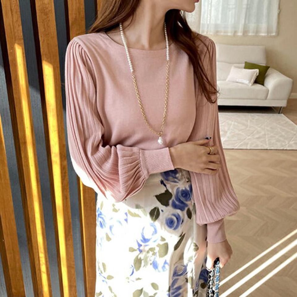 スリーブプリーツニット・全3色・b66782 レディース 【tops】【トップス ニット ニットトップス 袖コンシャス プリーツスリーブ プリーツ フェミニン シンプル 単色 大人 秋 冬 韓国 ファッション】【ハイホリHIHOLLI】