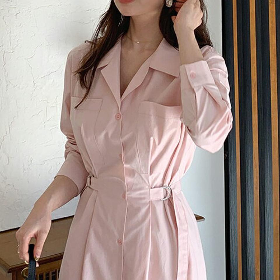 サイドベルトシャツワンピース・全3色・t66796 レディース 【ops】【ワンピース シャツワンピース ロングシャツ ロング ロングワンピース 長袖 単色 無地 シンプル 大人 秋 冬 韓国 ファッション】【ハイホリHIHOLLI】