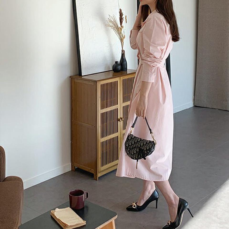 サイドベルトシャツワンピース・全3色・t66796 レディース 【ops】【ワンピース シャツワンピース ロングシャツ ロング ロングワンピース 長袖 単色 無地 シンプル 大人 秋 冬 韓国 ファッション】【ハイホリHIHOLLI】