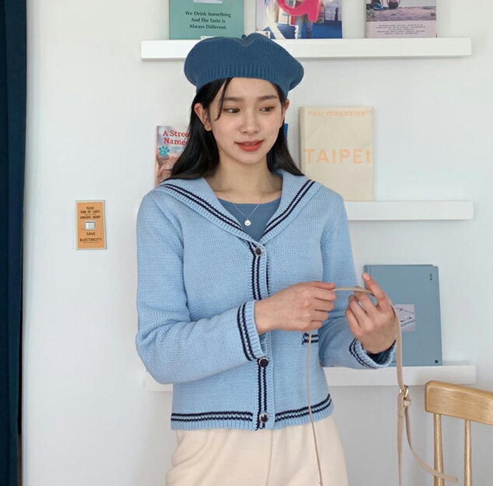 セーラーカラー配色カーディガン・全3色・b63115 レディース 【cd】【韓国 ファッション カーディガン カーデ 長袖 Vネック リブニット 配色 ニットカーディガン セーラーカラー 大人 フェミニン 上品 ベーシック シンプル カジュアル 秋 冬】