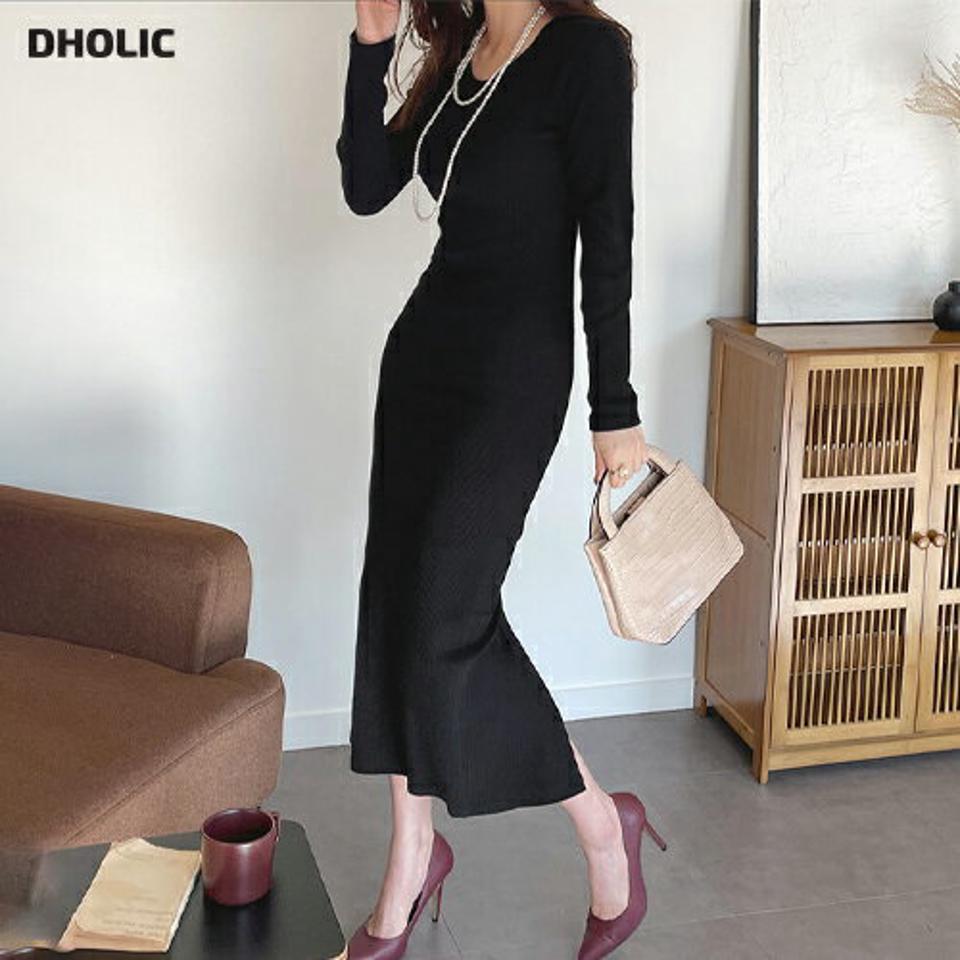 【只今10%OFF】ラウンドネックスリムワンピース・全4色・t66758 レディース 【ops】【ワンピース ロング ロングワンピース スリム タイト 長袖 単色 無地 シンプル カジュアル Hライン 秋 冬 韓国 ファッション】【ハイホリHIHOLLI】