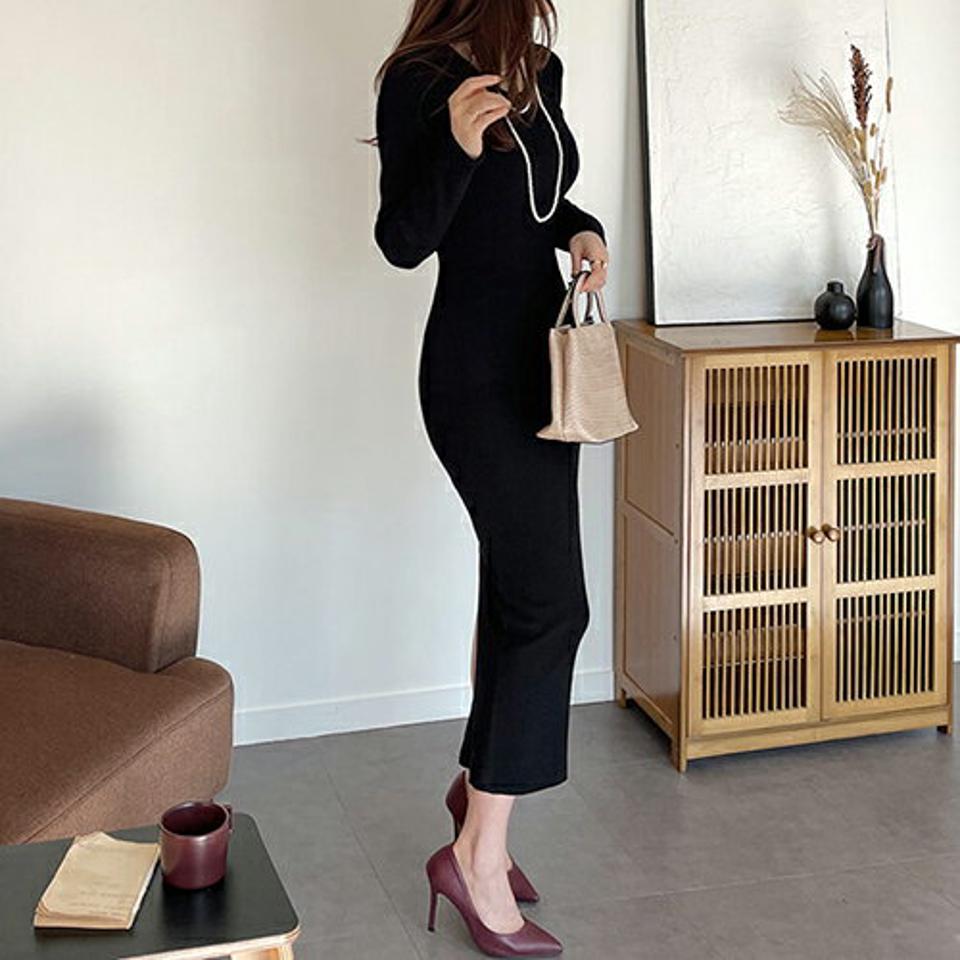 【只今10%OFF】ラウンドネックスリムワンピース・全4色・t66758 レディース 【ops】【ワンピース ロング ロングワンピース スリム タイト 長袖 単色 無地 シンプル カジュアル Hライン 秋 冬 韓国 ファッション】【ハイホリHIHOLLI】