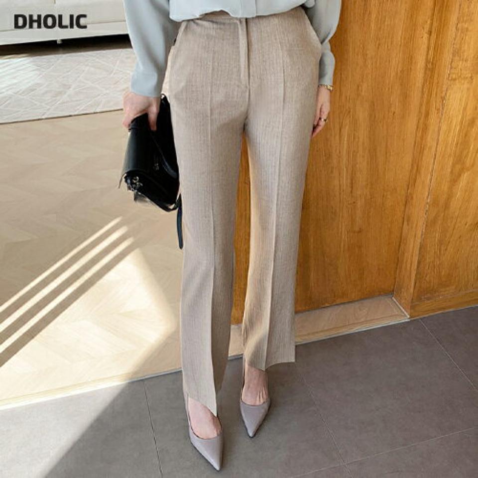 ストライプヘリンボーンスリットスラックス・全4色・t66810 レディース 【pt】【スラックス パンツ ズボン ロングパンツ スリット ヘリンボーン 単色 無地 シンプル ストライプ 大人 秋 冬 韓国 ファッション】【ハイホリHIHOLLI】