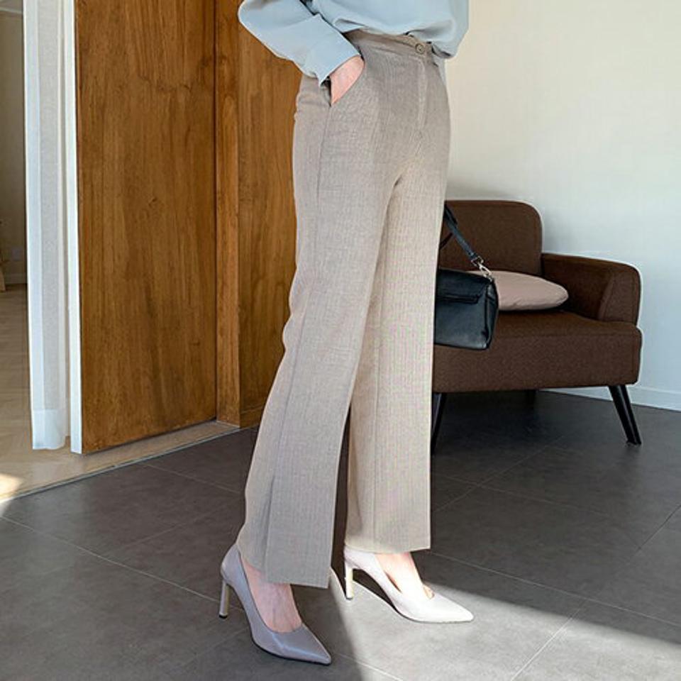ストライプヘリンボーンスリットスラックス・全4色・t66810 レディース 【pt】【スラックス パンツ ズボン ロングパンツ スリット ヘリンボーン 単色 無地 シンプル ストライプ 大人 秋 冬 韓国 ファッション】【ハイホリHIHOLLI】