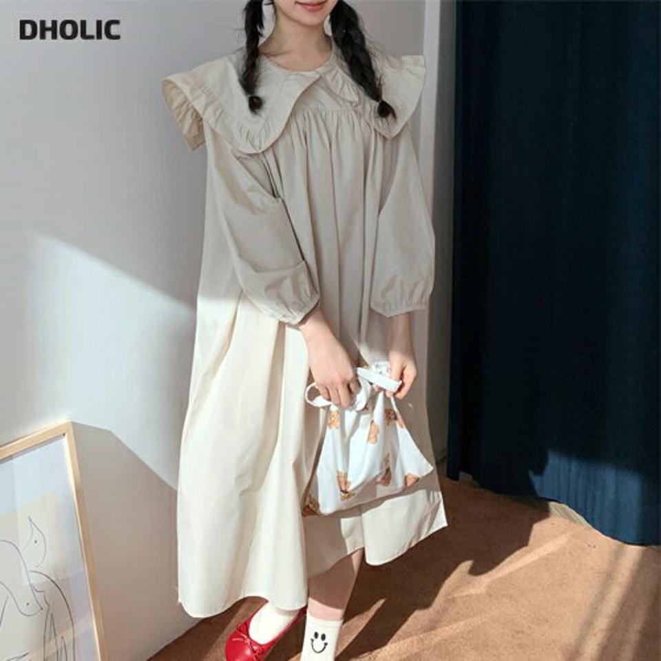 フリルカラーワンピース・全3色・t63119 レディース 【ops】【韓国 ファッション ワンピース ロング ロングワンピース ボリューム フェミニン 上品 春 体型カバー フリルカラー ルーズ ゆったり フレア パステル 秋 冬】