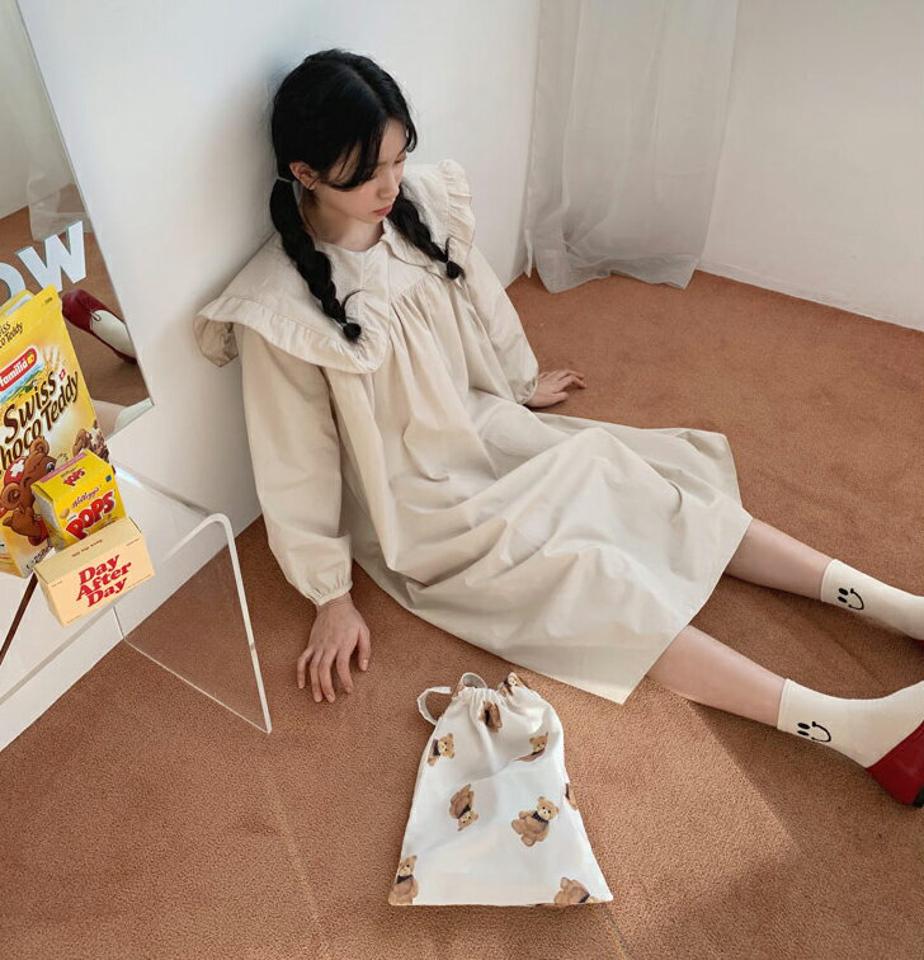 フリルカラーワンピース・全3色・t63119 レディース 【ops】【韓国 ファッション ワンピース ロング ロングワンピース ボリューム フェミニン 上品 春 体型カバー フリルカラー ルーズ ゆったり フレア パステル 秋 冬】