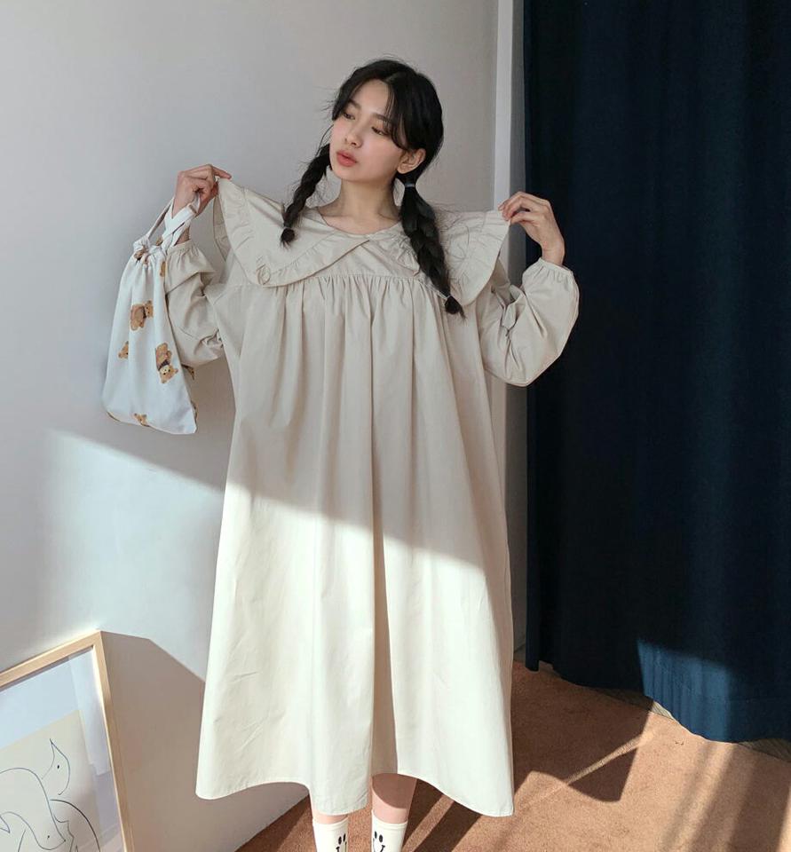 フリルカラーワンピース・全3色・t63119 レディース 【ops】【韓国 ファッション ワンピース ロング ロングワンピース ボリューム フェミニン 上品 春 体型カバー フリルカラー ルーズ ゆったり フレア パステル 秋 冬】