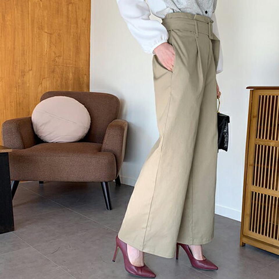 ベルト付ハイウエストパンツ・全2色・t66805 レディース 【pt】【パンツ ズボン ロングパンツ 単色 無地 シンプル 大人 カジュアル 秋 冬 韓国 ファッション】【ハイホリHIHOLLI】