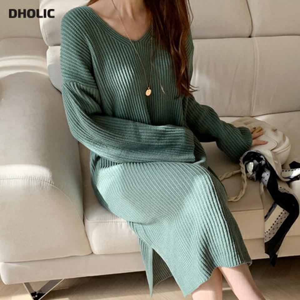 Vネックスリットニットワンピース・全5色・t66759 レディース 【ops】【ワンピース ロング ロングワンピース ニット ニットワンピース スリット Vネック 長袖 単色 シンプル 大人 カジュアル ラフ 秋 冬 韓国 ファッション】【ハイホリHIHOLLI】