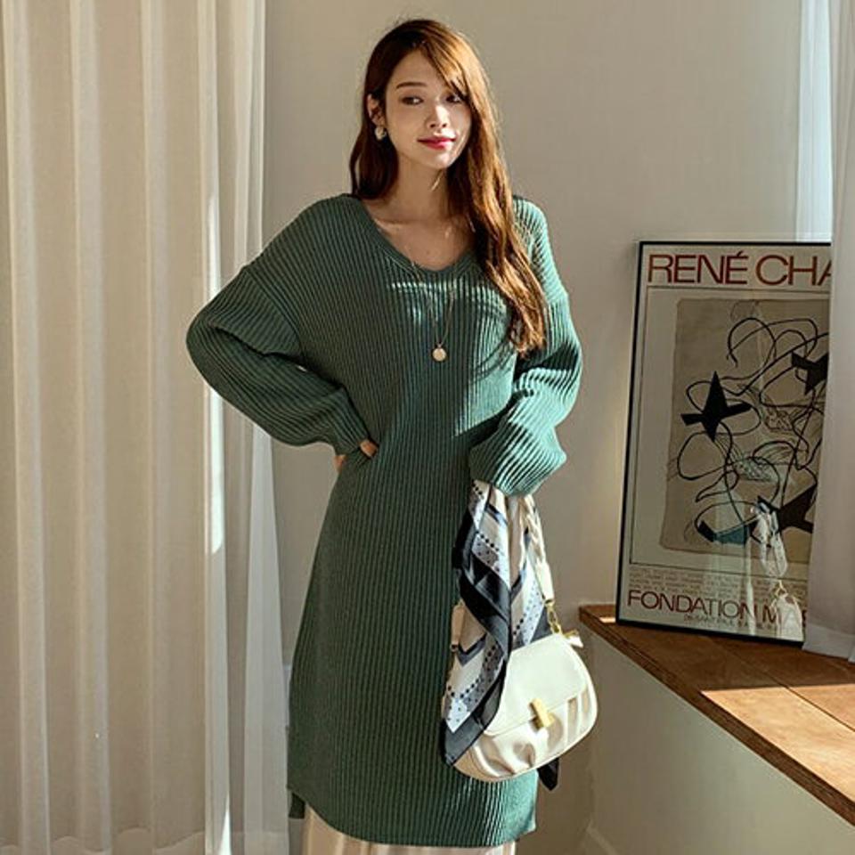 Vネックスリットニットワンピース・全5色・t66759 レディース 【ops】【ワンピース ロング ロングワンピース ニット ニットワンピース スリット Vネック 長袖 単色 シンプル 大人 カジュアル ラフ 秋 冬 韓国 ファッション】【ハイホリHIHOLLI】