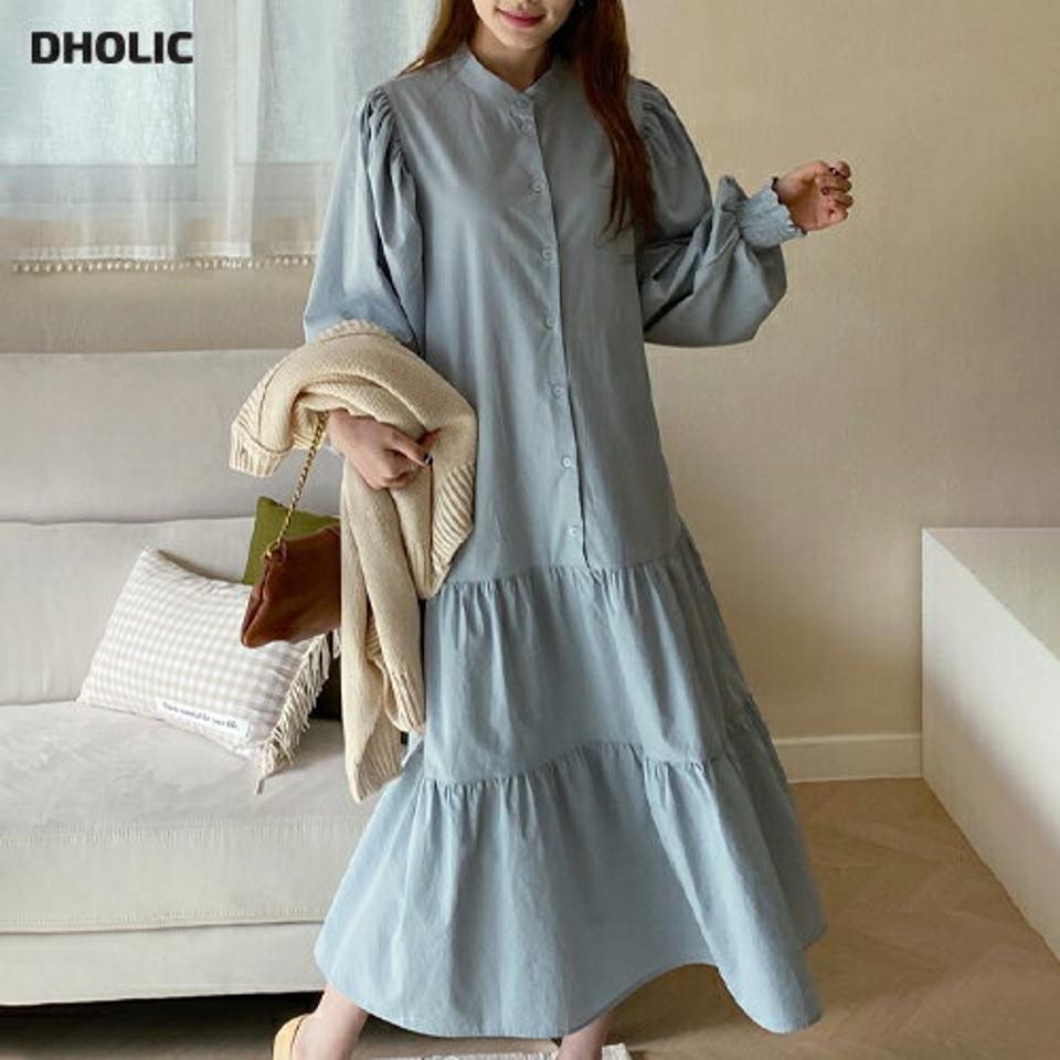 【只今10%OFF】バンドカラーティアードワンピース・全3色・t66757 レディース 【ops】【ワンピース ティアード 長袖 ロング ロングワンピース バンドカラー 単色 無地 シンプル フェミニン 体型カバー 可愛い かわいい 秋 冬 韓国 ファッション】【ハイホリHIHOLLI】