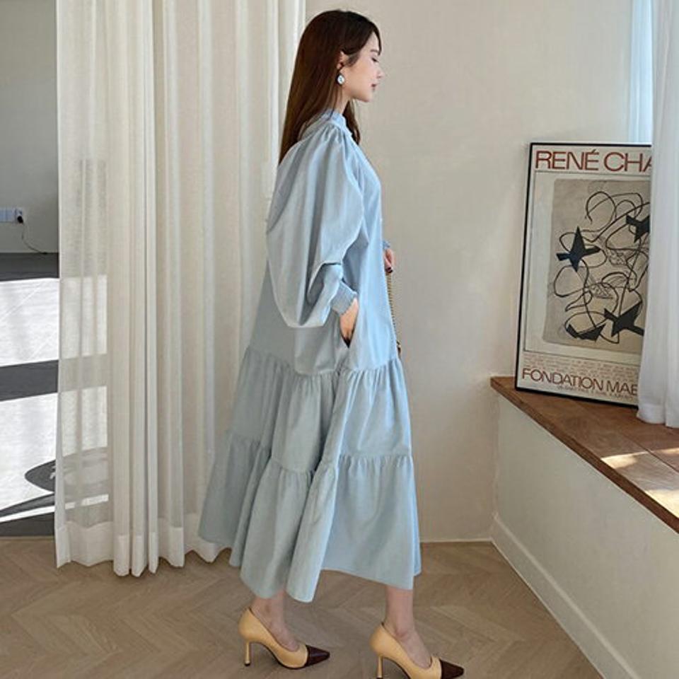 【只今10%OFF】バンドカラーティアードワンピース・全3色・t66757 レディース 【ops】【ワンピース ティアード 長袖 ロング ロングワンピース バンドカラー 単色 無地 シンプル フェミニン 体型カバー 可愛い かわいい 秋 冬 韓国 ファッション】【ハイホリHIHOLLI】