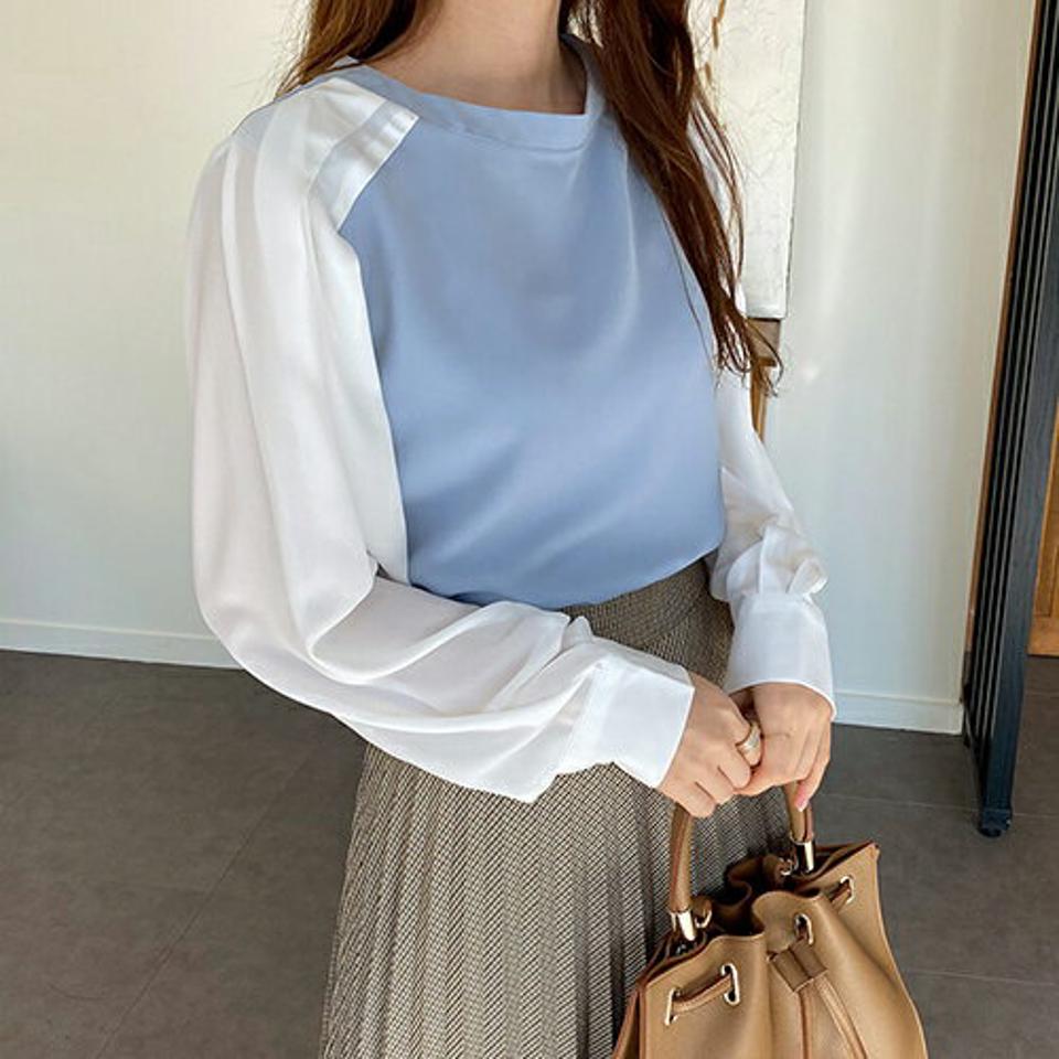 配色ラグランブラウス・全3色・t66761 レディース 【bl】【トップス ブラウス 長袖 ラグラン 配色 フェミニン きれいめ 大人 オフィスカジュアル シフォン 秋 冬 韓国 ファッション】【ハイホリHIHOLLI】