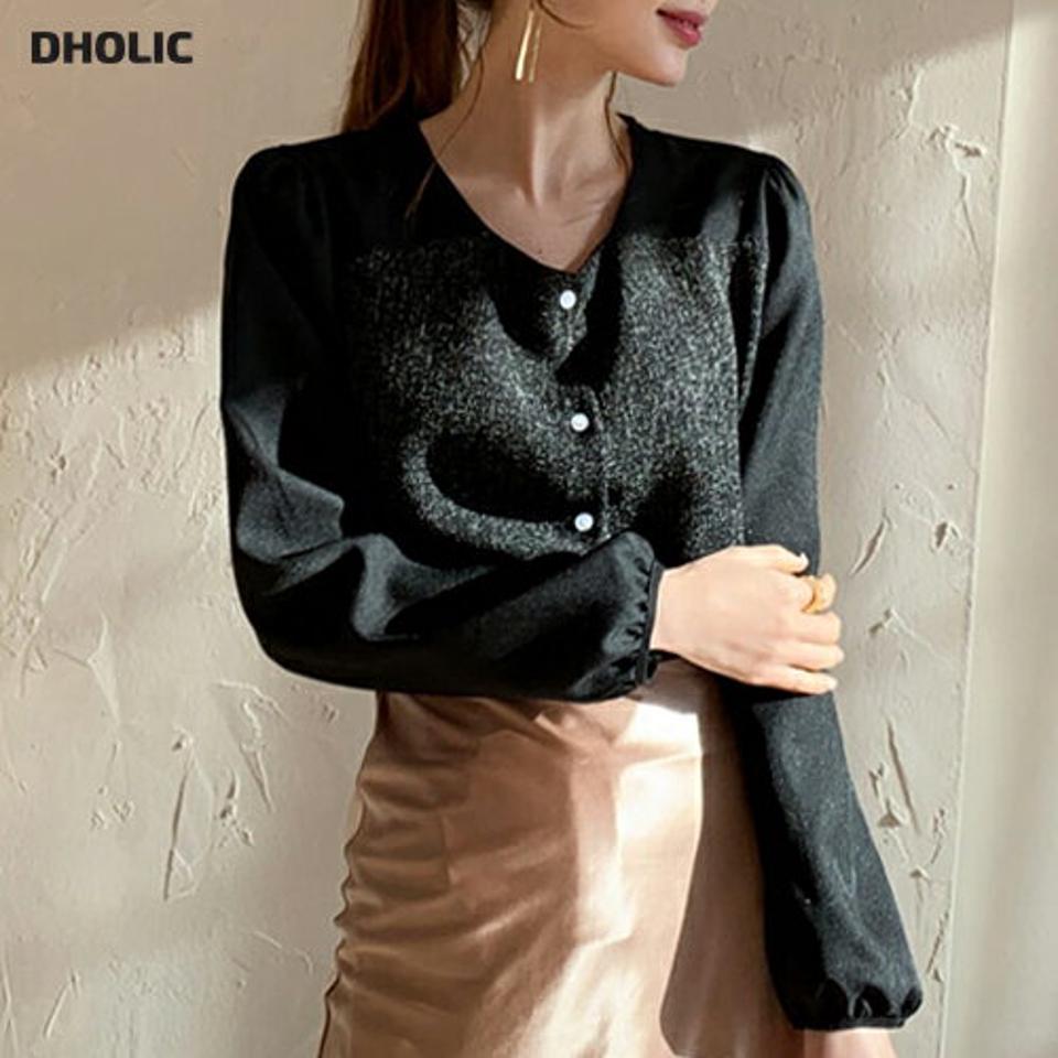 コントラストボタンブラウス・全2色・t66766 レディース 【bl】【トップス ブラウス コントラスト 長袖 大人 シック モダン ギャザー 秋 冬 韓国 ファッション】【ハイホリHIHOLLI】