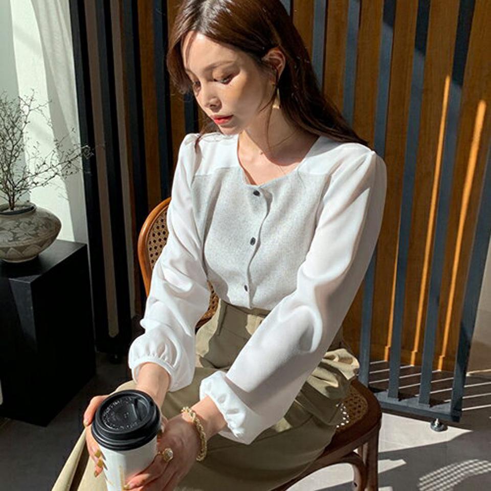 コントラストボタンブラウス・全2色・t66766 レディース 【bl】【トップス ブラウス コントラスト 長袖 大人 シック モダン ギャザー 秋 冬 韓国 ファッション】【ハイホリHIHOLLI】