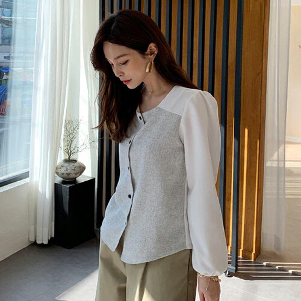 コントラストボタンブラウス・全2色・t66766 レディース 【bl】【トップス ブラウス コントラスト 長袖 大人 シック モダン ギャザー 秋 冬 韓国 ファッション】【ハイホリHIHOLLI】