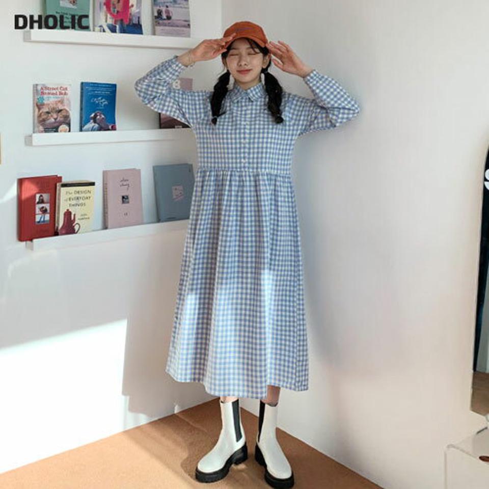 ギンガムチェックカラーワンピース・全2色・t63093 レディース 【ops】【韓国 ファッション ワンピース ロング ロングワンピース ギンガム チェック パータン ギャザー フレア ルーズ ゆったり 春 体型カバー 秋 冬】