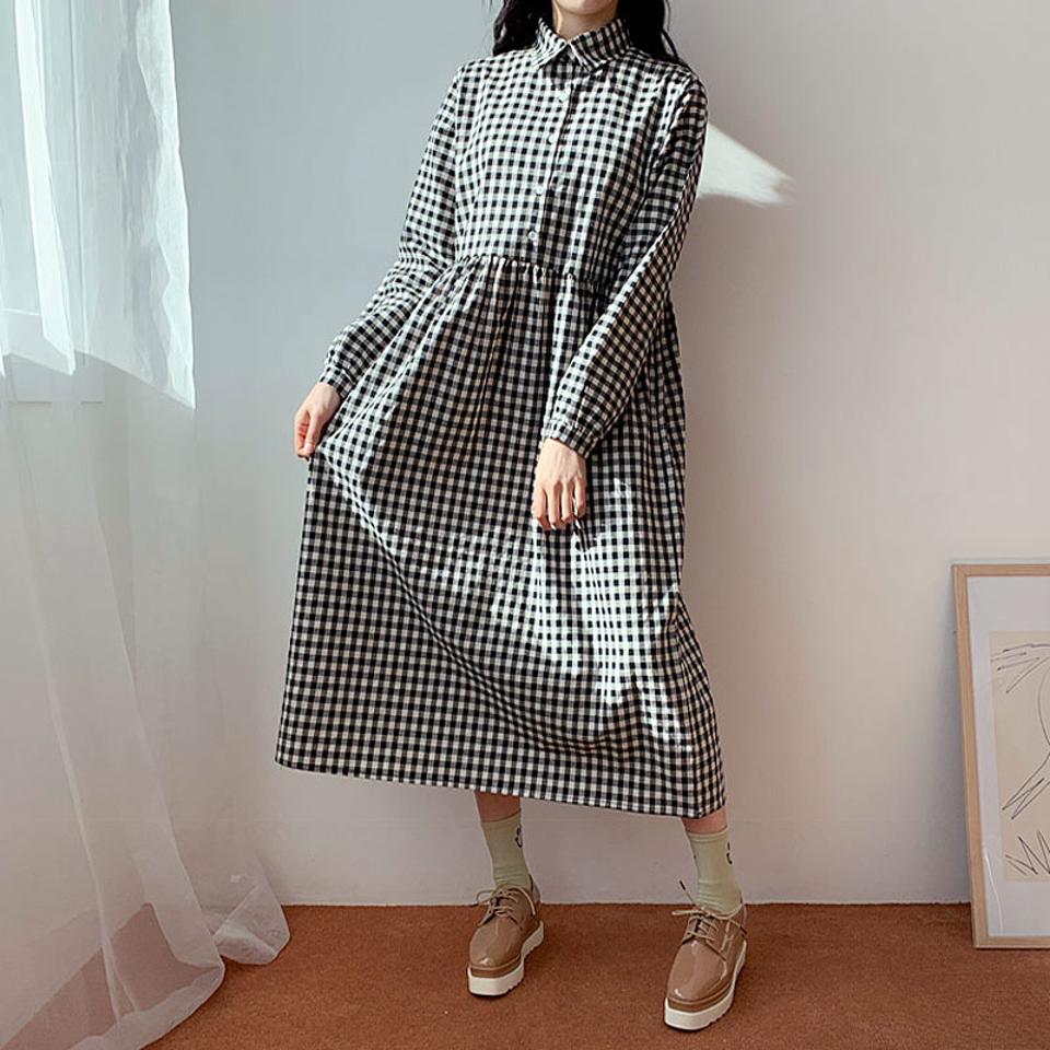 ギンガムチェックカラーワンピース・全2色・t63093 レディース 【ops】【韓国 ファッション ワンピース ロング ロングワンピース ギンガム チェック パータン ギャザー フレア ルーズ ゆったり 春 体型カバー 秋 冬】