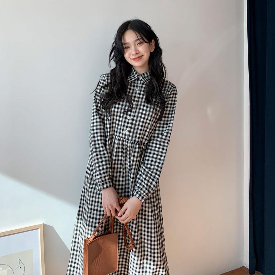 ギンガムチェックカラーワンピース・全2色・t63093 レディース 【ops】【韓国 ファッション ワンピース ロング ロングワンピース ギンガム チェック パータン ギャザー フレア ルーズ ゆったり 春 体型カバー 秋 冬】
