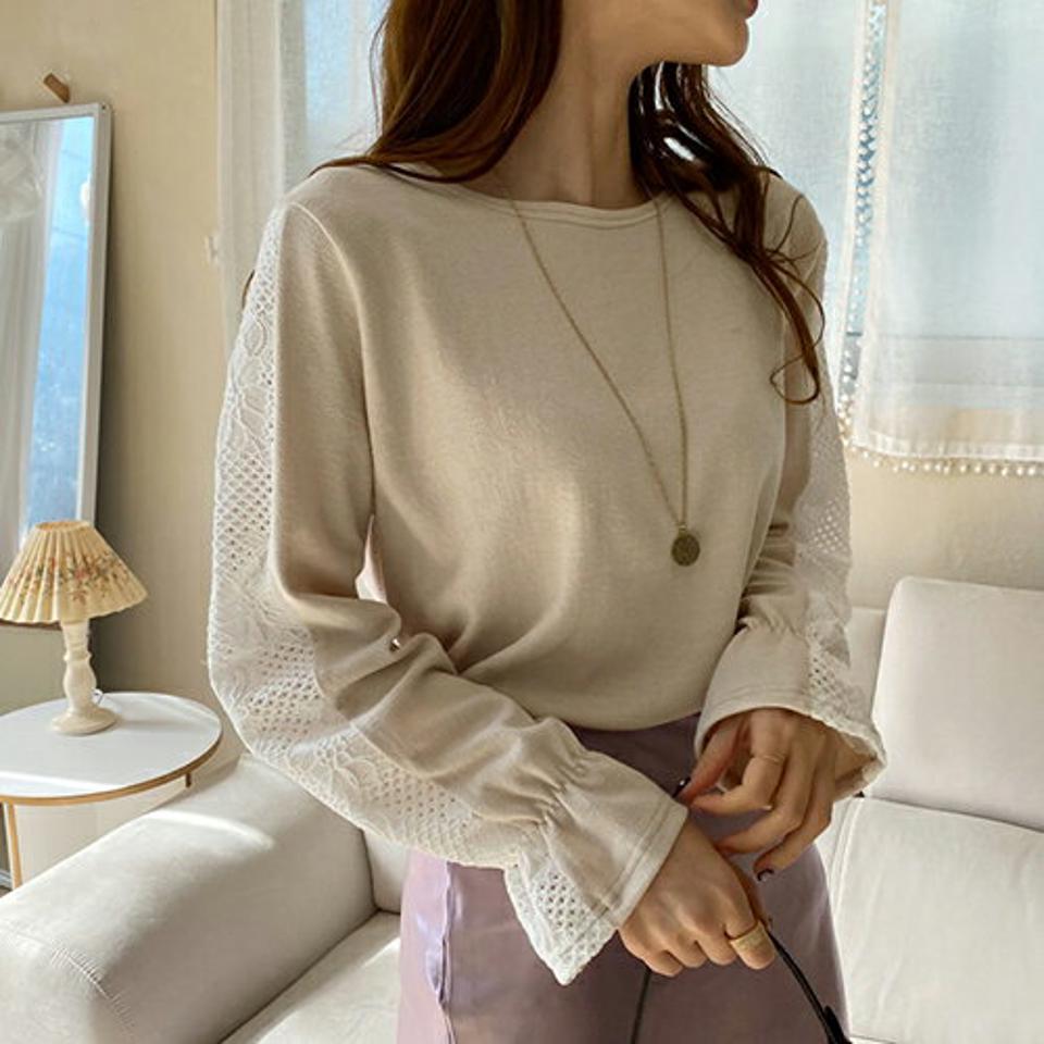 スリーブレースTシャツ・全2色・t66760 レディース 【tops】【トップス Tシャツ 長袖 レース 袖コンシャス フェミニン 可愛い かわいい 秋 冬 韓国 ファッション】【ハイホリHIHOLLI】