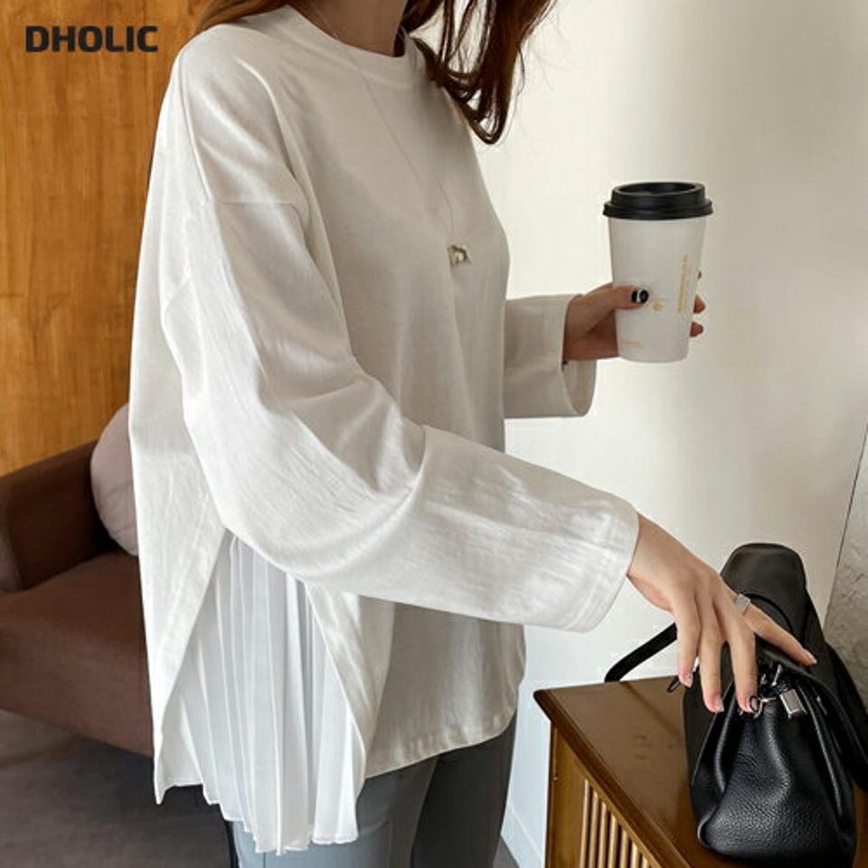 ≪人気商品再入荷≫サイドプリーツフレアTシャツ・全2色・b66778 レディース 【tops】トップス Tシャツ 長袖 ロンT プリーツ フレア フレアトップス フェミニン 体型カバー 可愛い かわいい 秋 冬 韓国ファッション ハイホリHIHOLLI