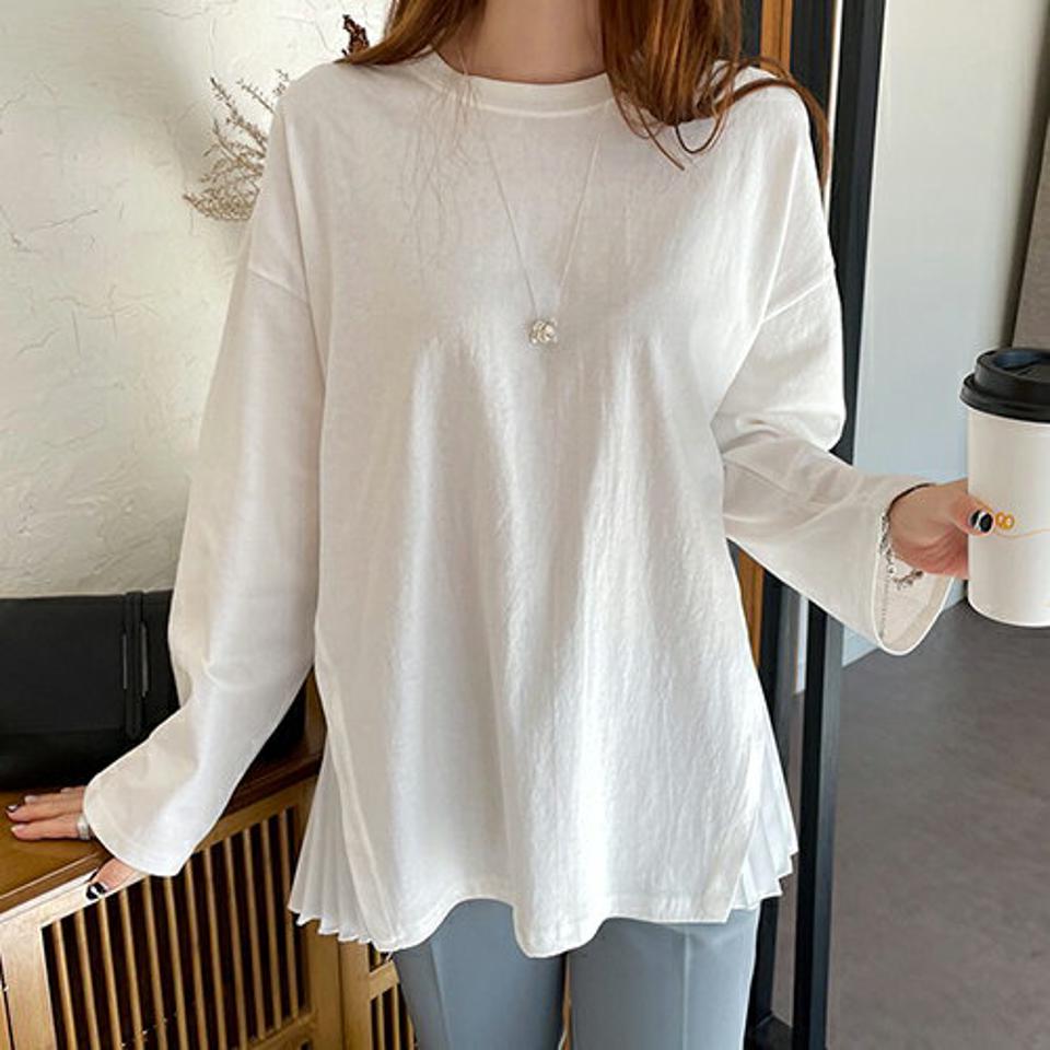 ≪人気商品再入荷≫サイドプリーツフレアTシャツ・全2色・b66778 レディース 【tops】トップス Tシャツ 長袖 ロンT プリーツ フレア フレアトップス フェミニン 体型カバー 可愛い かわいい 秋 冬 韓国ファッション ハイホリHIHOLLI