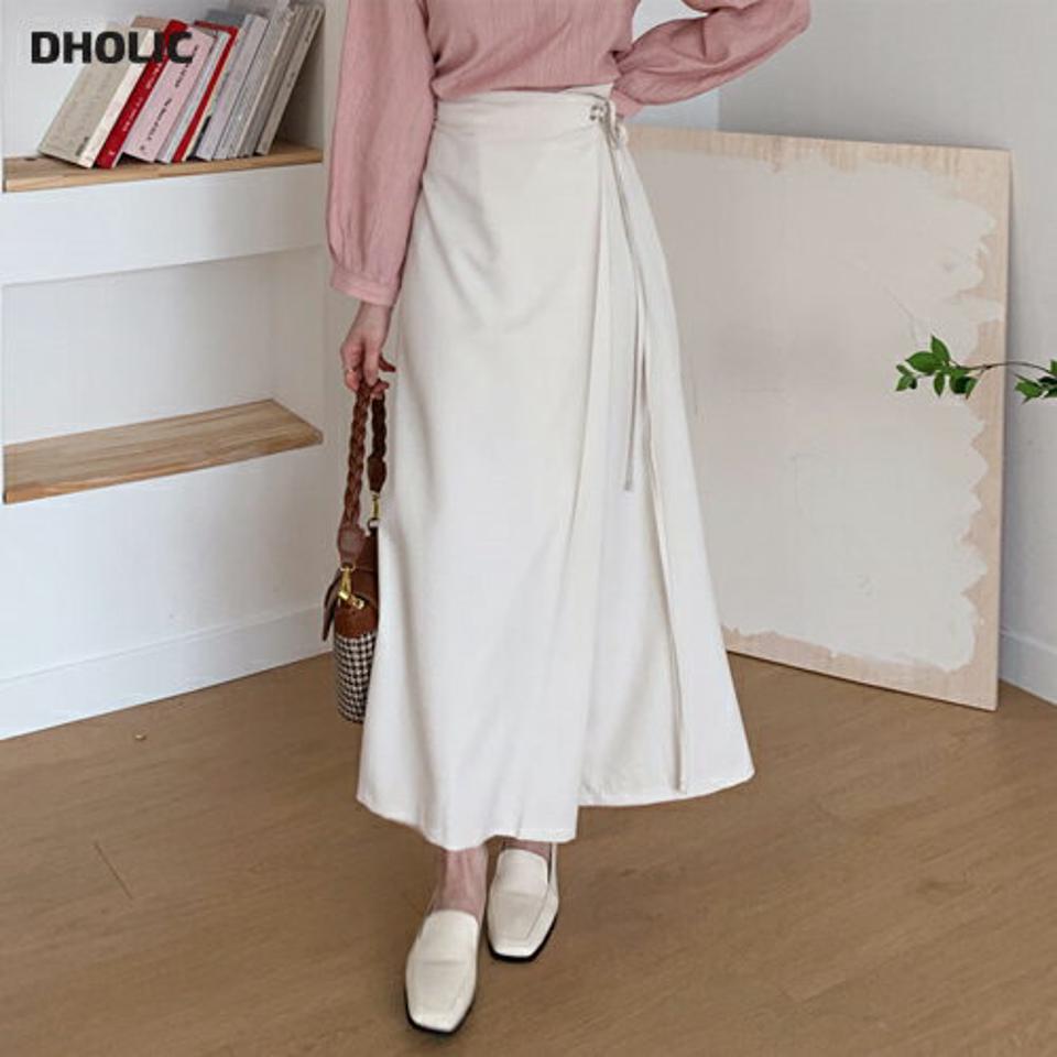 リボンラップスカート・全3色・t56830 レディース 【sk】【韓国 ファッション ボトムス スカート ロング ロングスカート ラップスカート フレア アイレットリング リボン カジュアル 体型カバー シンプル フェミニン デイリー 上品 秋 冬】