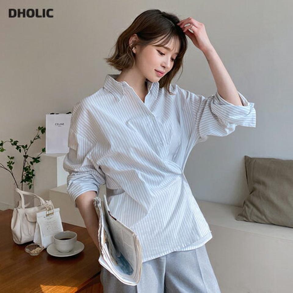 2WAYストライプシャツ・全3色・t56838 レディース 【bl】【韓国 ファッション トップス シャツ 長袖 2WAY ストライプ パターン ボタンストラップ ラップ 上品 フェミニン カジュアル デイリー 秋 冬】