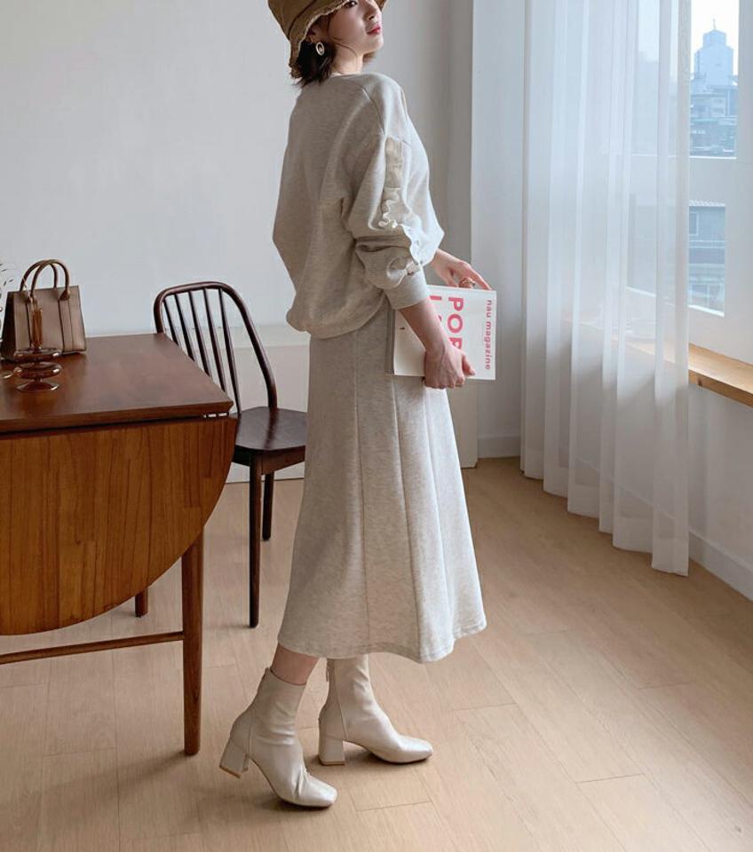 即日配送 フリルウェット&スカートSET・全2色・b56827 レディース 【ops】韓国ファッション ワンピース ロング ロングワンピース カジュアル スウェット セットアップ フリル ラウンドネック ウエストゴム スカート ルーズ ゆったり 秋 冬