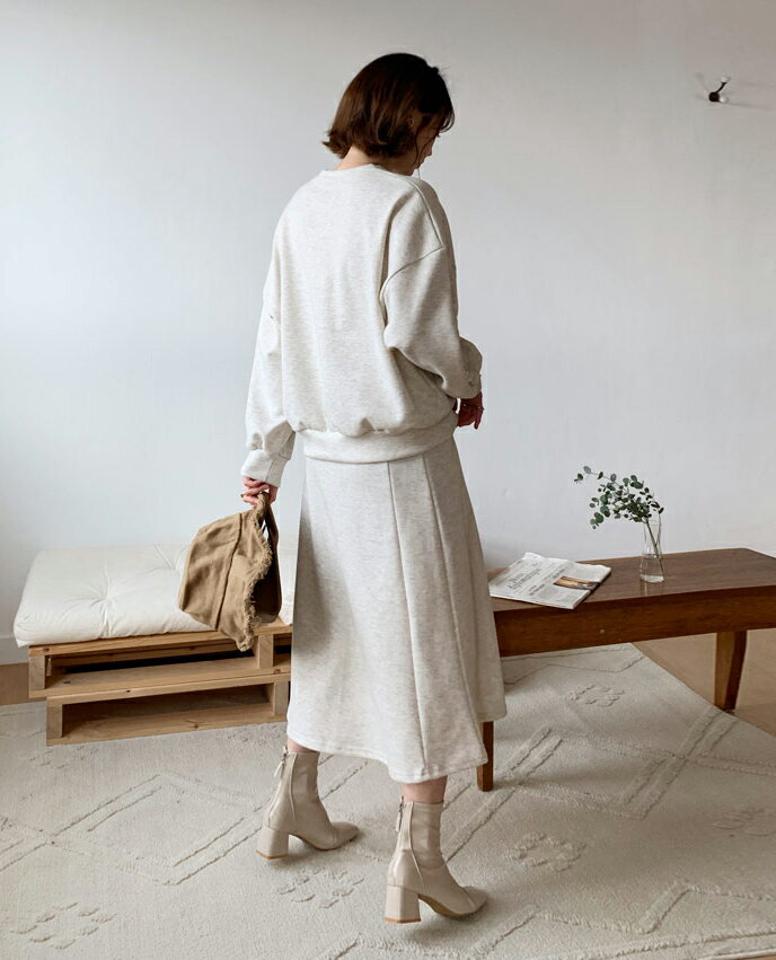 即日配送 フリルウェット&スカートSET・全2色・b56827 レディース 【ops】韓国ファッション ワンピース ロング ロングワンピース カジュアル スウェット セットアップ フリル ラウンドネック ウエストゴム スカート ルーズ ゆったり 秋 冬