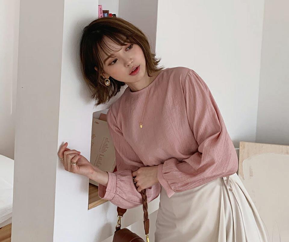 2WAYリンクルブラウス・全5色・t56823 レディース 【bl】【韓国 ファッション トップス ブラウス 長袖 上品 ラウンドネック 2WAY ナチュラル リンクル フェミニン 春 カジュアル デイリー 秋 冬】