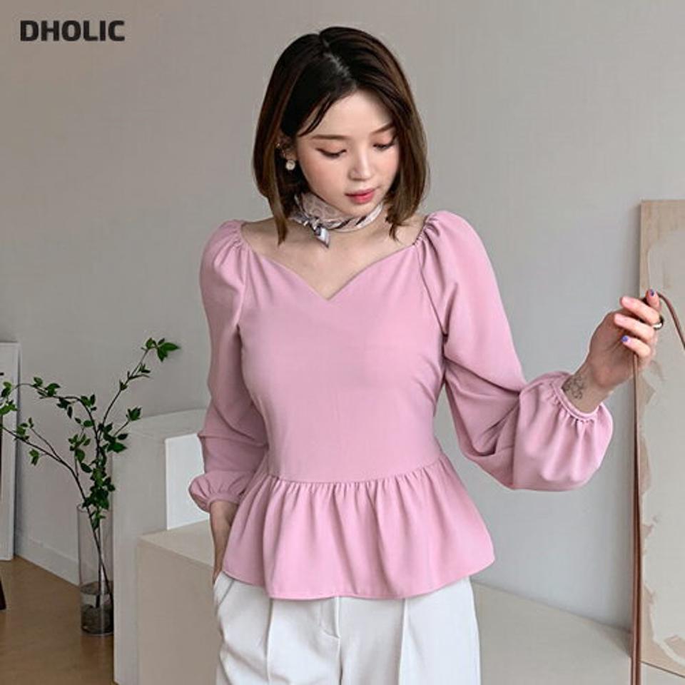 ハートネックフレアブラウス・全3色・t56839 レディース 【bl】【韓国 ファッション トップス ブラウス 長袖 上品 ハートネック フレア ウエストリボン ボリューム フェミニン 春 デイリー 秋 冬】