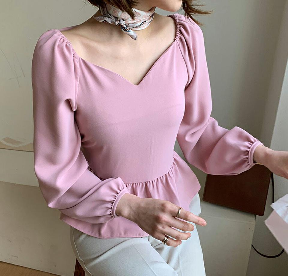 ハートネックフレアブラウス・全3色・t56839 レディース 【bl】【韓国 ファッション トップス ブラウス 長袖 上品 ハートネック フレア ウエストリボン ボリューム フェミニン 春 デイリー 秋 冬】